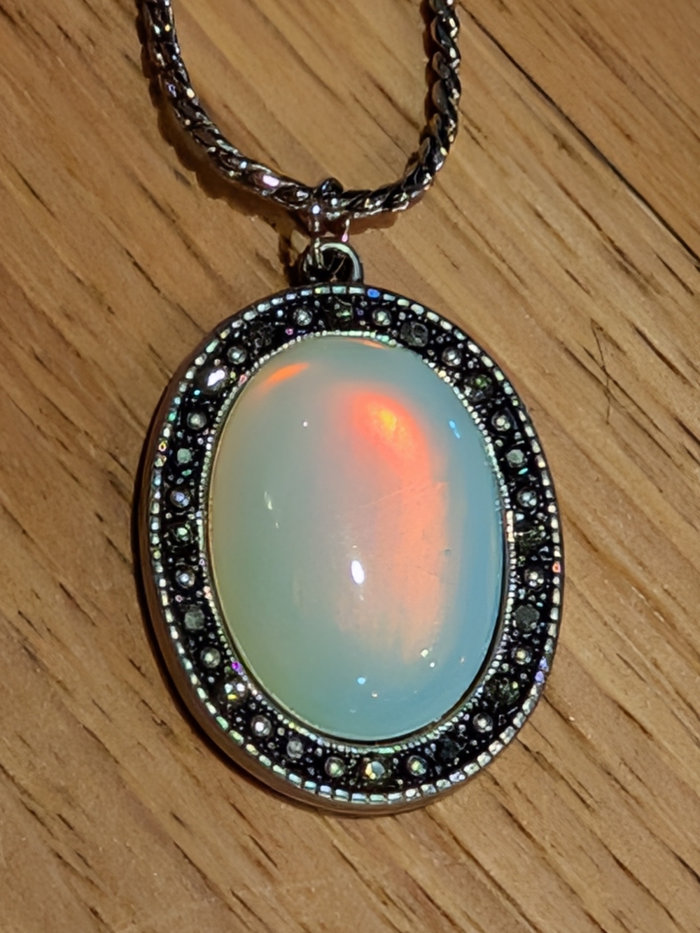 Ididescent Glass Oval Pendant Necklace in Silvertone Finish With Marcasite Stone